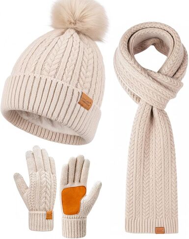 Winter Hat Scarf Gloves Set for Women Warm Cute Fleece Lined Beanie Pom Pom Long Scarf Touchscreen Gloves Cold Weather Gift in Saudi Arabia