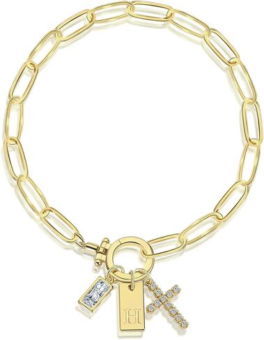 Initial Cross Bracelet, 18K Gold Plated Paperclip Link Chain Bracelets, Dainty A-Z Letter Charm Bracelet for Women Personalized Birthday Gifts in Saudi Arabia