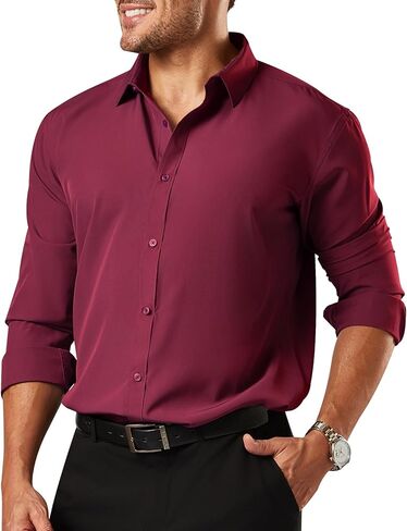 قمصان رجالي 4-Way تمتد كم طويل سليم صالح تنفس التجاعيد الحرة الصلبة الأعمال الرسمية زر أسفل قميص in Kuwait