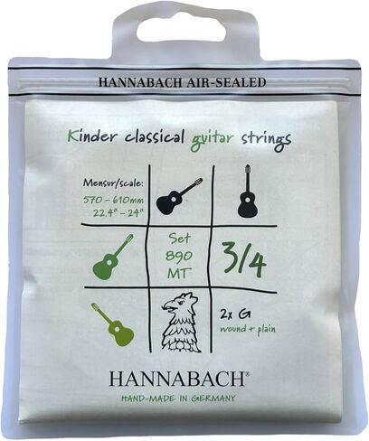 سلسلة سلاسل الجيتار الكلاسيكية Hannabach 890 MT لـ 1/4 مقياس الغيتار للأطفال: 49-52 سم - مع 2 G -Strings - 890mt 1/4 in Kuwait