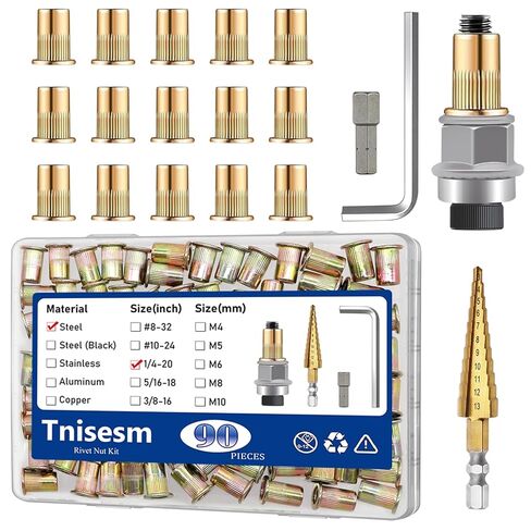 Tnisesm 90Pcs 1/4 Rivet Nut with Rivet Nut Installation Tool, 1/4-20 Carbon Steel Zinc Flat Head Riveter Nutsert Tool Kit in Saudi Arabia
