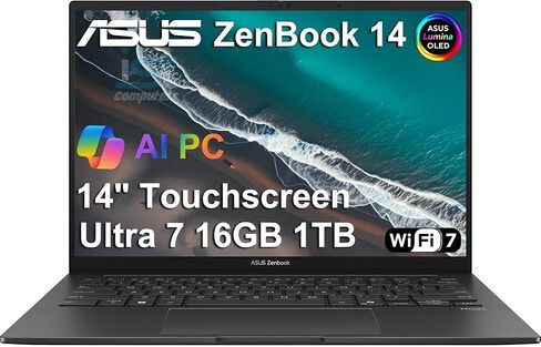 Asus Zenbook 14 OLED Touchscreen AI PC PC Captop ، 14 "FHD+، Intel Ultra 7 255H ، 16GB DDR5 ، 1TB SSD ، 16-CORE (> I9-13900H) ، Lacklit ، 2x Thunderbolt 4 ، Wi-Fi 7 ، IR Webcam ، 18-HR Battery ، Win 11 in Kuwait