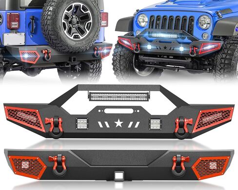for JK Full Width Front and Rear Bumpers Compatible with 2007 2008 2009 2010 2011 2012 2013 2014 2015 2016 2017 2018 Jeep Wrangler JK JKU w/LED Lights, Hitch Receiver, Paintable Armor & D-rings in Saudi Arabia