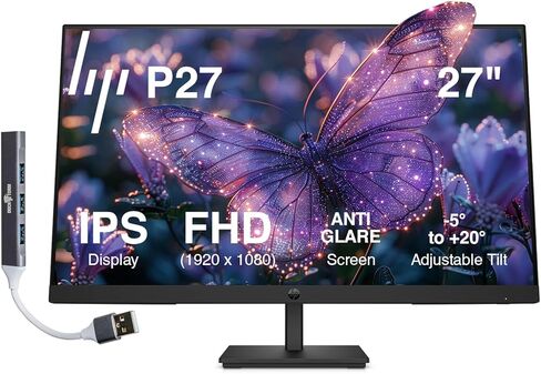 HP 27" FHD IPS Monitor with 5ms Response Time, Anti Glare, Flicker Free, VESA Mount (100 x 100mm), Displayport, HDMI, Black Color with DKZ Hub & ErgoFlexy Single Monitor Mount in Saudi Arabia