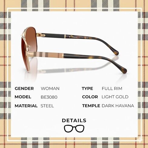 BURBERRY BE3080 نظارات شمسية من الفولاذ على شكل طيار مع مجموعة نظارات فاخرة in Kuwait