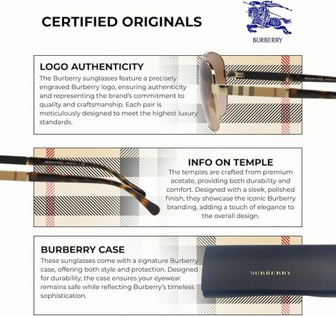 BURBERRY BE3080 نظارات شمسية من الفولاذ على شكل طيار مع مجموعة نظارات فاخرة in Kuwait
