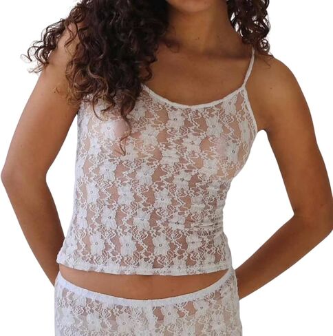 Women See Through Lace Crop Cami Top Spaghetti Strap Scoop Neck Backless Sexy Slim Fit Sheer Tank Top Clubwear in Kuwait
