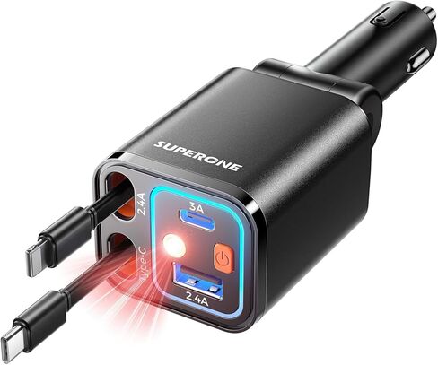 شاحن سيارات قابلة للسحب قابلة للسحب ، محول شاحن سيارة 69W لـ iPhone 16 USB C Charger Charge Fast Charge مع Light Light ، وملحقات السيارات المتوافقة مع iPhone 16/15/14/13/12 ، iPad ، Android ، Pixel in Kuwait
