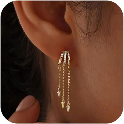 Dangle Earrings for Women,Dainty 14K Gold Plated CZ Triple Huggie Stud Earring Trendy Star Moon Dangle Chain Earring Hypoallergenic Statement Drop Huggie Earrings for Women Gold Jewelry Cute Stuff in Saudi Arabia