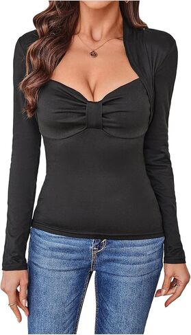Women's Ruched Sweetheart Neck Tee Tops Long Sleeve Slim Fit T Shirts Elegant Top in Saudi Arabia