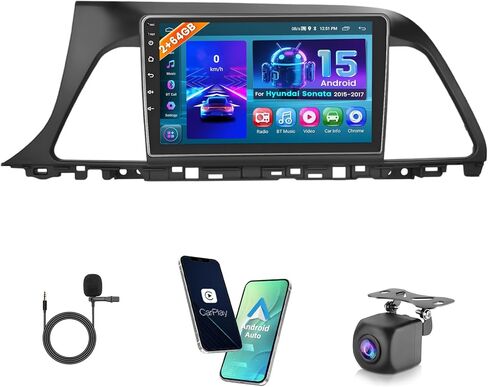 [4+64g] Hikity Android 15 Car Stereo لـ Hyundai Sonata 2015 2016 2017 (LHD) ، راديو شاشة لمس 9 بوصات مع Carplay/Android Auto/GPS Link/Mirror Link/WiFi/Bluetooth/DSP+AHD كاميرا احتياطية in Kuwait