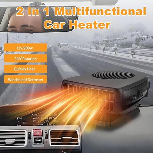 Car Heater,200W 12V Windshield Defroster,Portable Heater for Car Plug in Cigarette Lighter,2-in-1 Fast Heating & Cooling Modes with 360° Rotating Base(Black) in Kuwait