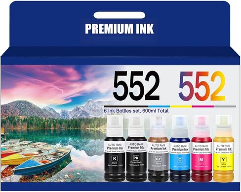 استبدال زجاجات إعادة تعبئة الحبر 552 لزجاجة إعادة تعبئة الحبر Epson 552 لاستخدام EPSON EcoTank Photo ET-8550، EPSON EcoTank Photo ET-8500(BK PBK C M Y GY، 600 مل) in Kuwait