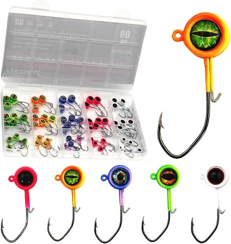 60Pcs Big Eye Crappie Jig Heads Kit, Bright Color Panfish Crappie Jigs Hook, Round Fishing Jig Head with Wired Bait Keeper 3 Sizes Assorted 1/32oz 1/16oz 1/8oz in Saudi Arabia