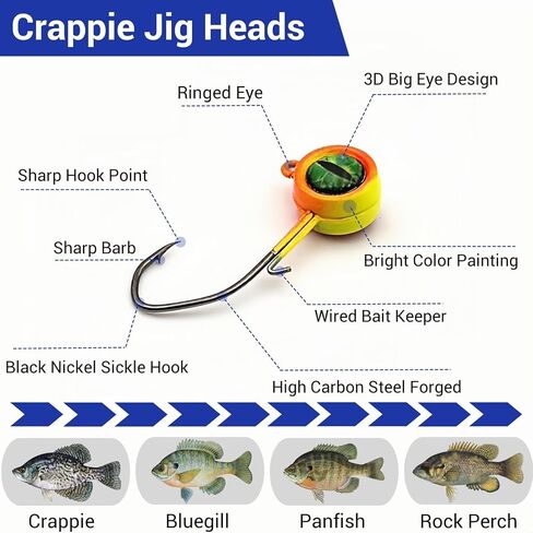 60Pcs Big Eye Crappie Jig Heads Kit, Bright Color Panfish Crappie Jigs Hook, Round Fishing Jig Head with Wired Bait Keeper 3 Sizes Assorted 1/32oz 1/16oz 1/8oz in Saudi Arabia