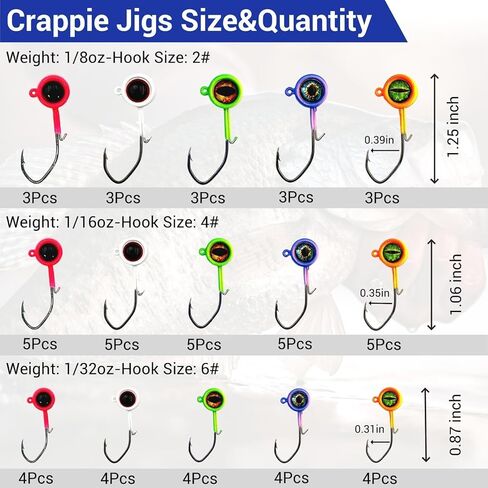 60Pcs Big Eye Crappie Jig Heads Kit, Bright Color Panfish Crappie Jigs Hook, Round Fishing Jig Head with Wired Bait Keeper 3 Sizes Assorted 1/32oz 1/16oz 1/8oz in Saudi Arabia
