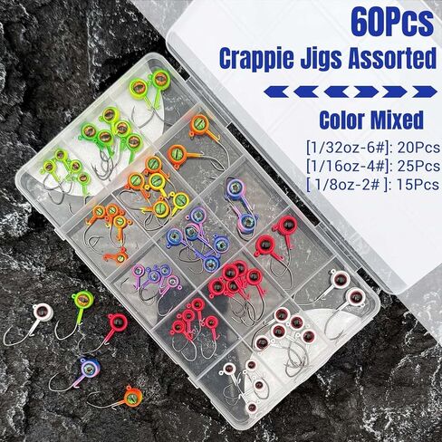 60Pcs Big Eye Crappie Jig Heads Kit, Bright Color Panfish Crappie Jigs Hook, Round Fishing Jig Head with Wired Bait Keeper 3 Sizes Assorted 1/32oz 1/16oz 1/8oz in Saudi Arabia