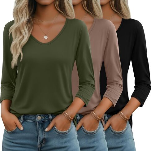 Huukeay 3 Pack Women's 3/4 Sleeve T-Shirts, V Neck Casual Tops Loose Fit Tunic Basic Tees 3/4 Length Sleeve Soft Blouses in Saudi Arabia