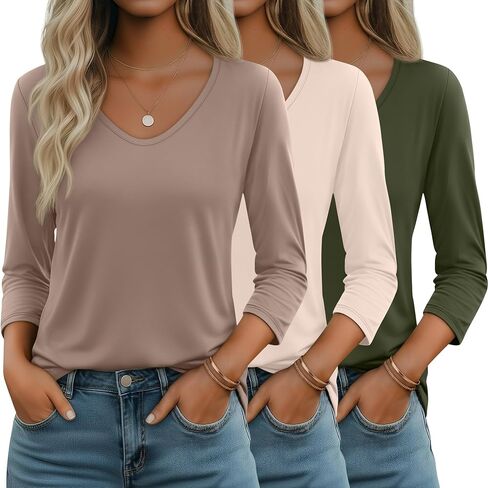 Huukeay 3 Pack Women's 3/4 Sleeve T-Shirts, V Neck Casual Tops Loose Fit Tunic Basic Tees 3/4 Length Sleeve Soft Blouses in Kuwait