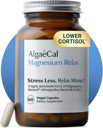 AlgaeCal Magnesium Relax ™ - المغنيسيوم المخلبي مع أشواغاندا للنوم والقلق العرضي - الجليسينات والمالات والسيترات - دعم النوم والمزاج والكورتيزول (120 كبسولة - كمية تكفي لمدة شهرين) in Kuwait