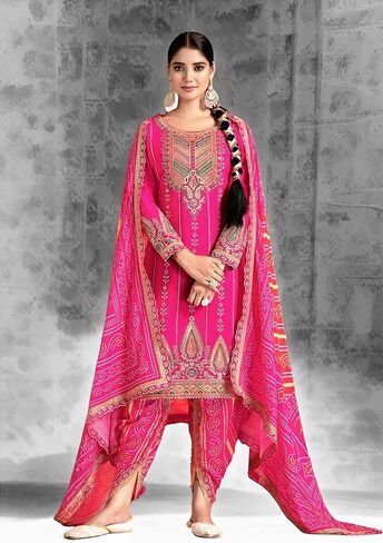 طقم بدلة نسائية فاخرة من شينون بتصميم مرآة عمل على طراز Dhoti مع وشاح مطبوع رقمي | ألوان متعددة | حجم مجاني in Saudi Arabia