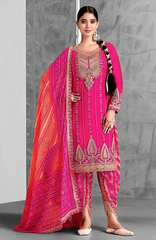 طقم بدلة نسائية فاخرة من شينون بتصميم مرآة عمل على طراز Dhoti مع وشاح مطبوع رقمي | ألوان متعددة | حجم مجاني in Saudi Arabia