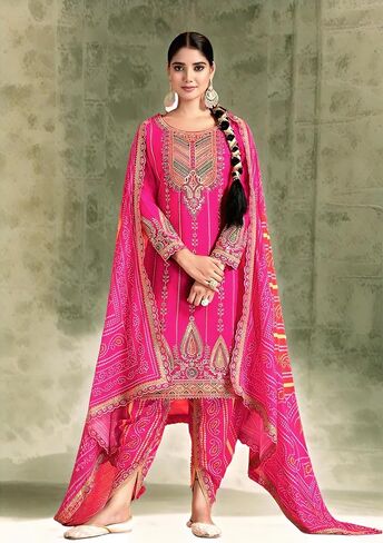 طقم بدلة نسائية فاخرة من شينون بتصميم مرآة عمل على طراز Dhoti مع وشاح مطبوع رقمي | ألوان متعددة | حجم مجاني in Saudi Arabia