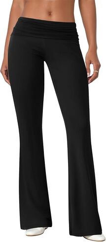 Flare Leggings for Women Fold Over Yoga Pants Stretch Bell Bottom Y2K Lounge Casual Sweatpants(Black XL) in Kuwait