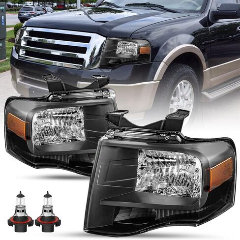 SOCKIR Headlight Assembly Compatible with Ford 1997-2003 F150 / 2004 F150 Heritage / 1997-2002 Expedition / 1997-1999 F250 Light Duty with Corner Lights 4pcs (Black Housing with Clear Reflector) in Kuwait