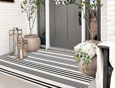 Grey and White Outdoor Rug 3'x 5' Front Porch Rug Cotton Woven Striped Rug Washable Indoor/Outdoor Area Rug Front Door Floor Mat for Farmhouse/Layered Door Mats/Living Room/Entryway in Saudi Arabia