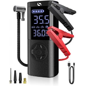 جهاز تشغيل القفز مع ضاغط هواء، جهاز تشغيل السيارة بقوة 6000 أمبير، صندوق القفز بقوة 150 رطل لكل بوصة مربعة 14.8 فولت مع كابلات توصيل، للسيارات والدراجات النارية، مصابيح LED، شاشة LCD in Kuwait