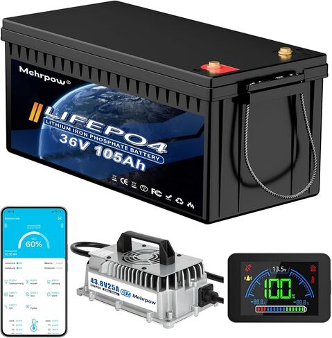 36V 150Ah LiFePO4 battery, built-in Bluetooth 200A BMS and LCD display, IP65 waterproof and dustproof, equipped with 43.8V 25A lithium battery charger, peak current 1000A (36V 105Ah) in Saudi Arabia