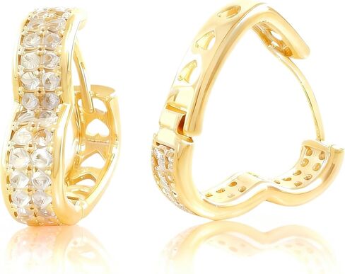 Champagne Gold Plated Studded Heart Shaped Small Huggie Hoops Earrings,Geometric Minimalist,Single-Sided Cubic Zirconia CZ Chunky Lightweight Fashion Jewelry for Women Trendy,14k gold plated in Saudi Arabia