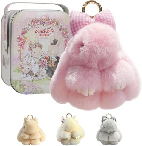 Bunny Lulu with creative metal gift box,Handmade Soft Bunny PomPom Keychain. Back toschool, schoolsupplies in Saudi Arabia