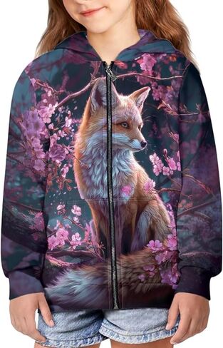 WELLFLYHOM Zip Up Girls Hoodies Graphic 6-16 Long Sleeve Sweatshirt Kangaroo Pocket Full Zip Kids Sweater Top in Saudi Arabia