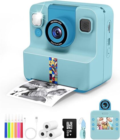 Nreonrick Kids Camera Instant Print, Selfie Digital Instant Cameras, Reversible Lens Mini Toddler Camera with 3 Roll Paper Toys for Boys Girls Age 3-12 in Christmas Birthday 32GB Card(Blue) in Saudi Arabia