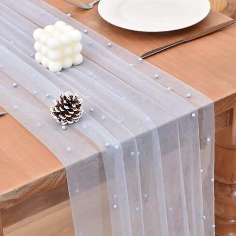 Joanlody Spring Summer Pearl Table Runner 10ft Rustic Boho Tulle Table Runner with Pearls for Baby Shower Wedding Party Veil Dessert Table Decor Blue in Saudi Arabia