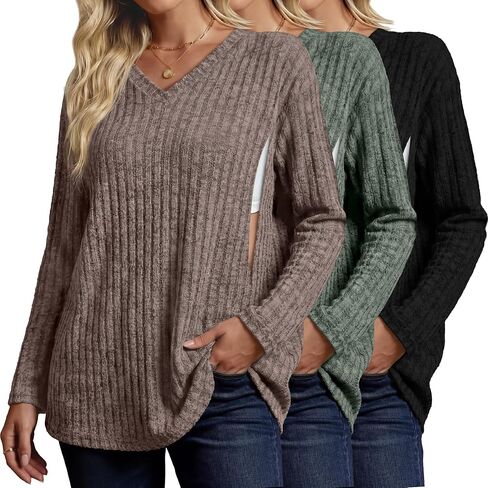 3 Pack Oversized Women's Maternity Nursing Tops Vneck Breastfeeding Sweaters Long Sleeve Hidden Zipper Shirt in Kuwait