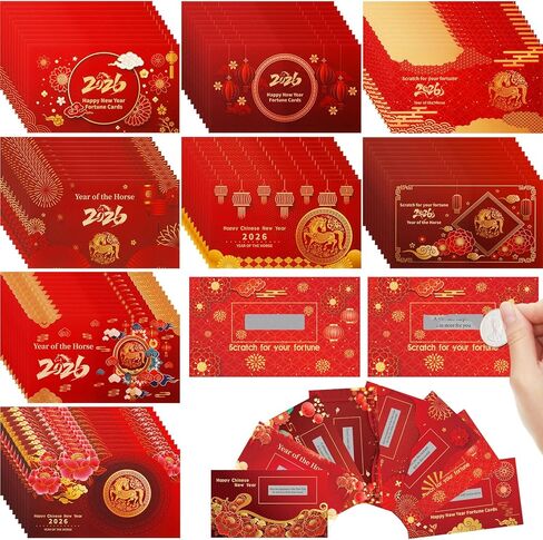 96 قطعة من بطاقات الحظ للخدش للعام الصيني الجديد 2026 لحفلة الحصان، بطاقات الحظ للخدش، بطاقة الحظ القمرية، ديكورات حفلات مهرجان الربيع الصيني in Kuwait