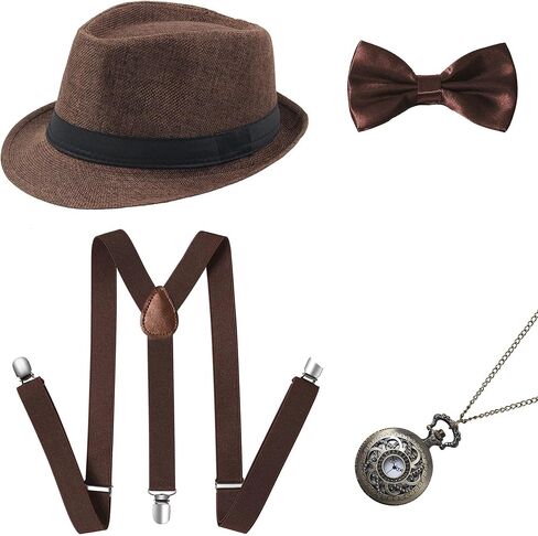 BABEYOND 1920s Mens Gatsby Gangster Accessories Set Panama Hat Suspender Bow Tie in Saudi Arabia