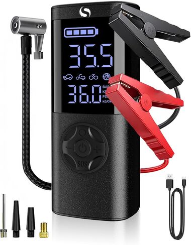 جهاز تشغيل القفز مع ضاغط هواء، جهاز تشغيل السيارة بقوة 6000 أمبير، صندوق القفز بقوة 150 رطل لكل بوصة مربعة 14.8 فولت مع كابلات توصيل، للسيارات والدراجات النارية، مصابيح LED، شاشة LCD in Kuwait