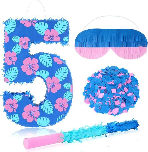 Number 9 Piñata with Hibiscus Design, Dark Blue 9th Birthday Decorations with Stick Blindfold Confetti for Anniversary Party Decorations Supplies in Saudi Arabia