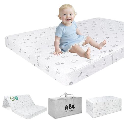 مرتبة ثلاثية الطي واللعب - وسادة مرتبة Pack N Play مقاس 91.44 سم × 66.04 سم مع غطاء قابل للإزالة قابل للتنفس - مراتب سرير أطفال عالية الكثافة قابلة للطي للسفر in Kuwait