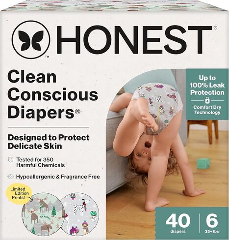 شركة Honest شركة تنظيف الحفاضات الواعية للبشرة الحساسة | مانع للتسرب بنسبة تصل إلى 100% | لا يسبب الحساسية، خالٍ من العطور | مطبوعات طبعة محدودة لشتاء 25 | صندوق النادي، مقاس 4 (22-37 رطلاً)، 54 قطعة in Kuwait