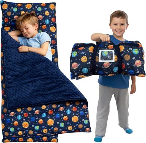 Toddler Nap Mat with Pillow and Blanket, Preschool, Nursery Sleeping Mat, Portable Bed for Kids, Ultra Soft Cotton, Fleece, Minky, Machine Washable, Travel Friendly, Kids Sleeping Bags, Cream. in Saudi Arabia