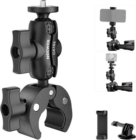 NEEWER Motorcycle Bike Handlebar Clamp Mount, Heavy Duty Clip Holder, 1/4" Screw & 3 Prong Adapter Compatible with Insta360 X5 X4 GoPro Hero 13 12 POV Video Recording, 360° Rotation & 270° Tilt, CA161 in Saudi Arabia