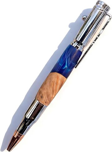 Handmade Bolt Action Pen Set Bullet Pen Ballpoint Pen Using Precious Woods,Stabilized Woods, and Resin Crafts with Rifle Clip Extra Gift Box (Chrome-Birch Burl Wood & Blue Ocean Resin Composite) in Saudi Arabia