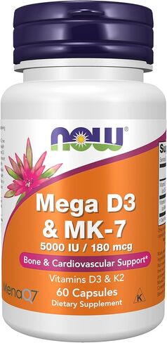 مكملات NOW Foods، Mega D-3 وMK-7 مع فيتامينات D-3 وK-2، 5000 وحدة دولية/180 ميكروجرام، لدعم العظام والقلب والأوعية الدموية*، 60 كبسولة نباتية in Saudi Arabia
