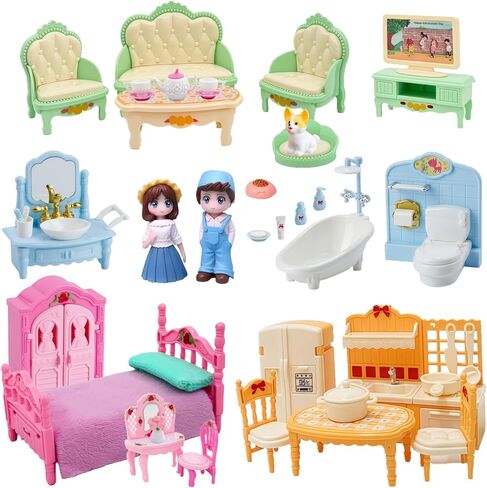 مجموعة أثاث بيت الدمى الأميرة الوردية، مجموعة إكسسوارات مصغرة فاخرة مكونة من 48 قطعة مع غرفة المعيشة والحمام وغرفة النوم والمطبخ ومجموعة الترفيه التلفزيونية (وردي) in Kuwait
