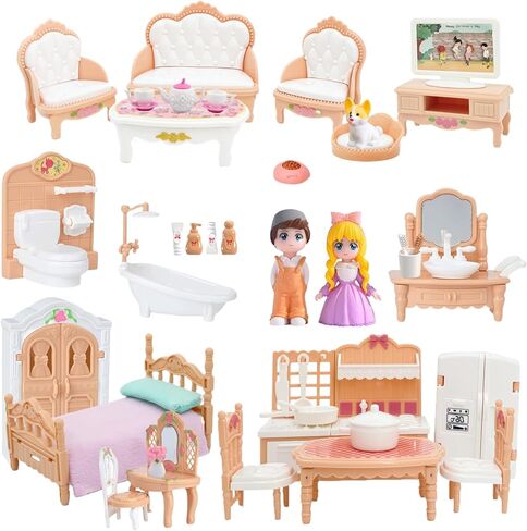 Pink Princess Dollhouse Furniture Set, 48 Piece Luxury Miniature Accessories Collection with Living Room, Bathroom, Bedroom，Kitchen, TV Entertainment Set (Pink) in Saudi Arabia